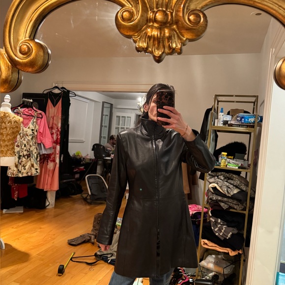 Vintage handmade Giotto Italy Black Leather Zip Coat Tailored Runway Jacket 46 - Picture 5 of 12